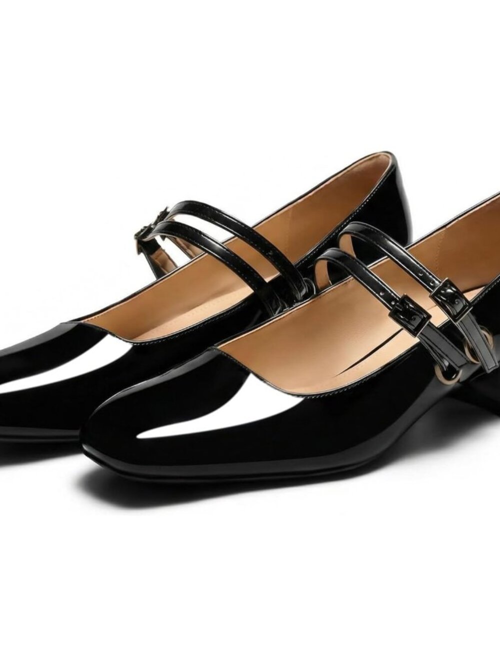 Women's Pearl Black Mary Jane Low Pearl Heels Square Toe Pumps Ballet Shoes - Picture 4 of 6
